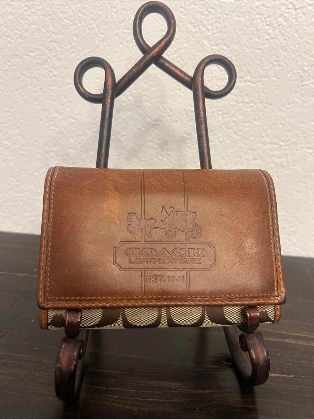 Coach Leather Ware Est 1941 Tan Leather and Canvas Signature C Bi Fold Wallet